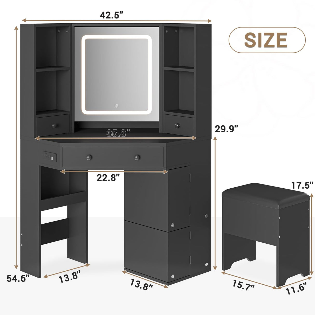 BTHFST Corner Vanity Desk with Lighted Mirror, Makeup Vanity with Lights and Charging Station, Vanity Set with Mirror and Storage Stool, Makeup Table with Drawers, Rotating Shelves, Black BTHFST