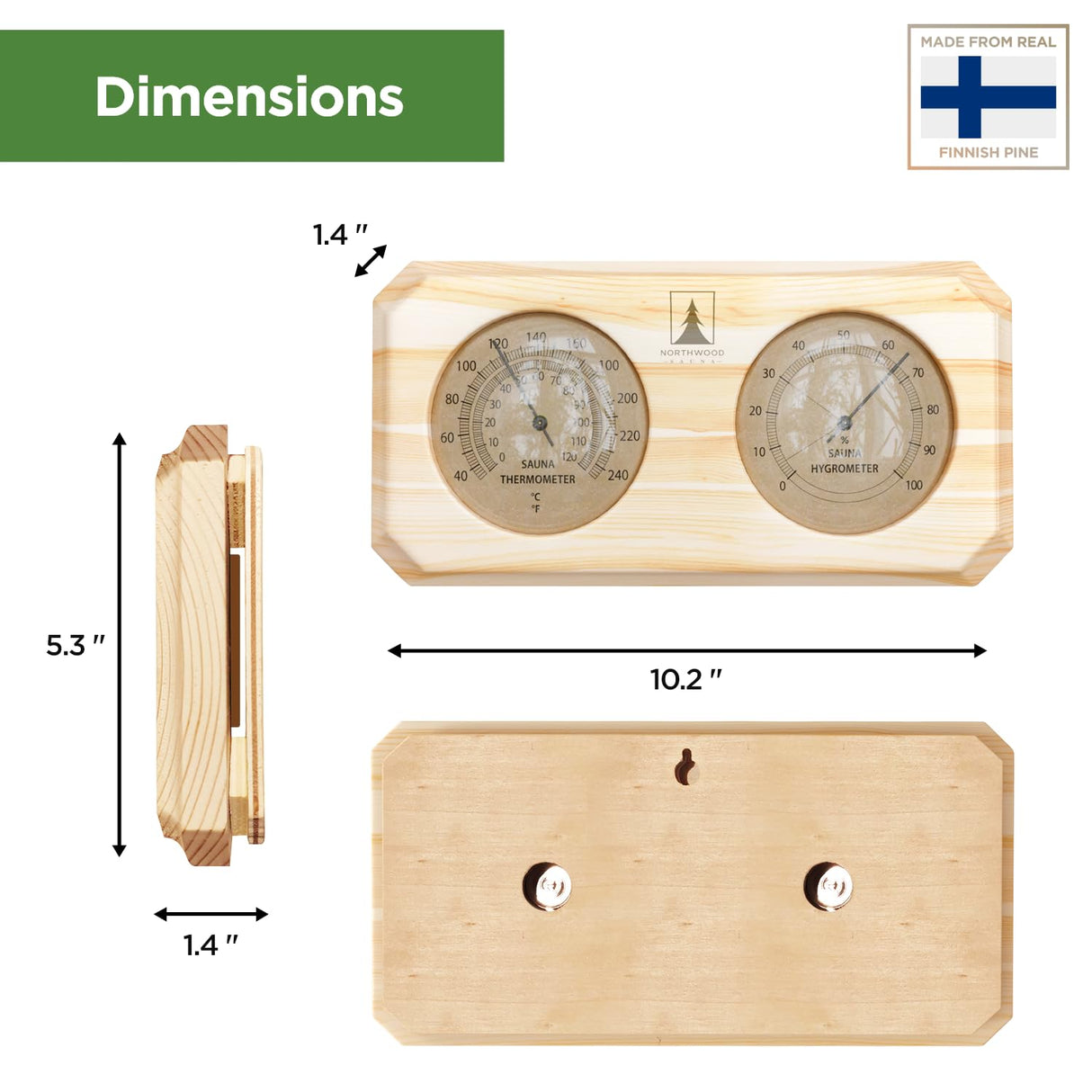 Northwood Sauna - Sauna Thermometer & Hygrometer 2 in 1 - Handmade from Finnish Pine Wood - Luxurious Glass and Golden Metal Dials Northwood Sauna