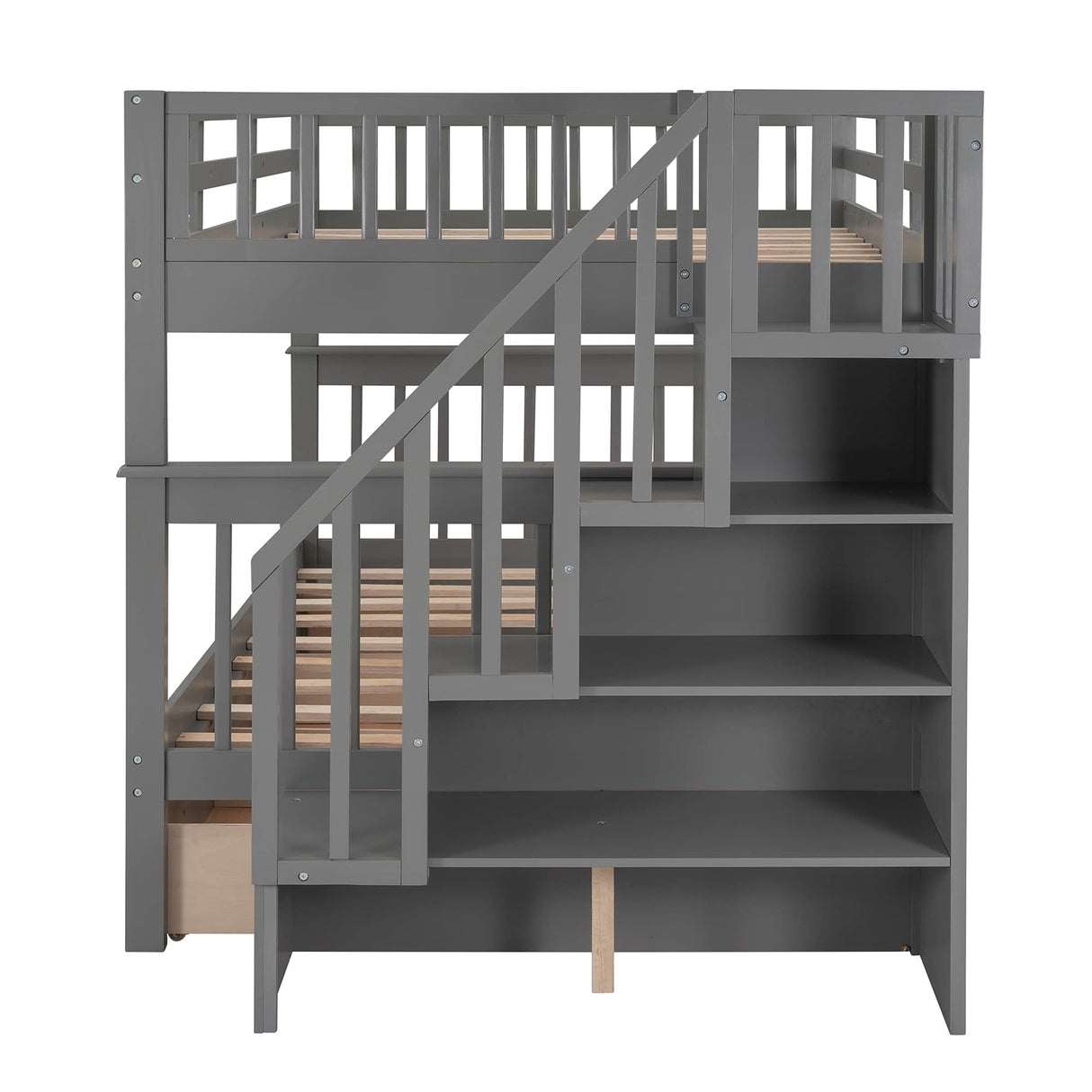 Harper & Bright Designs Full Over Full Bunk Bed with Storage, Solid Wood Full Bunk Bed Frame with Stairs and Drawers, for Kids Teens Adults (Gray) Harper & Bright Designs