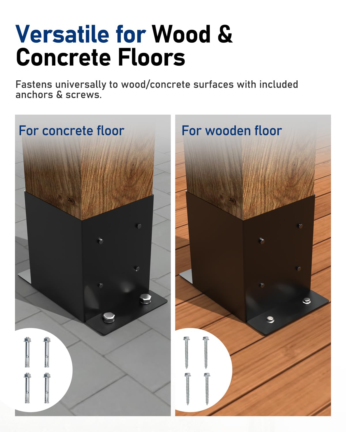 vikofan Heavy Duty 4x4 Post Base Kit - Black Powder-Coated Metal Post Brackets for 3.5"x3.5" Posts, Fit for Wood & Concrete Installations - Perfect for Deck, Fence, Mailbox, Pergola Supports (6-Pack) vikofan