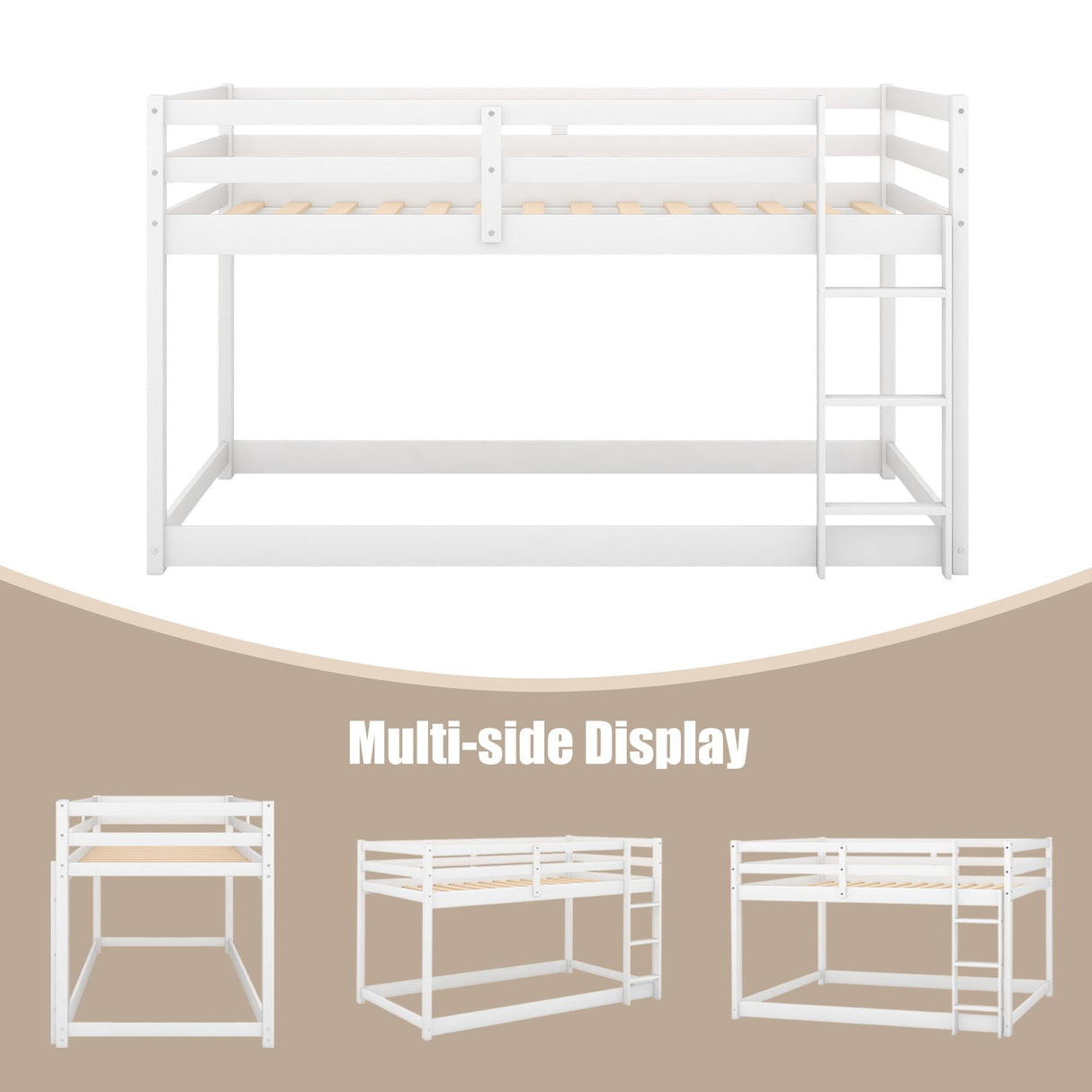 ZJIAH Twin Over Twin Low Bunk Bed with Ladder and Safety Guardrails - Durable Wooden Design in White ZJIAH