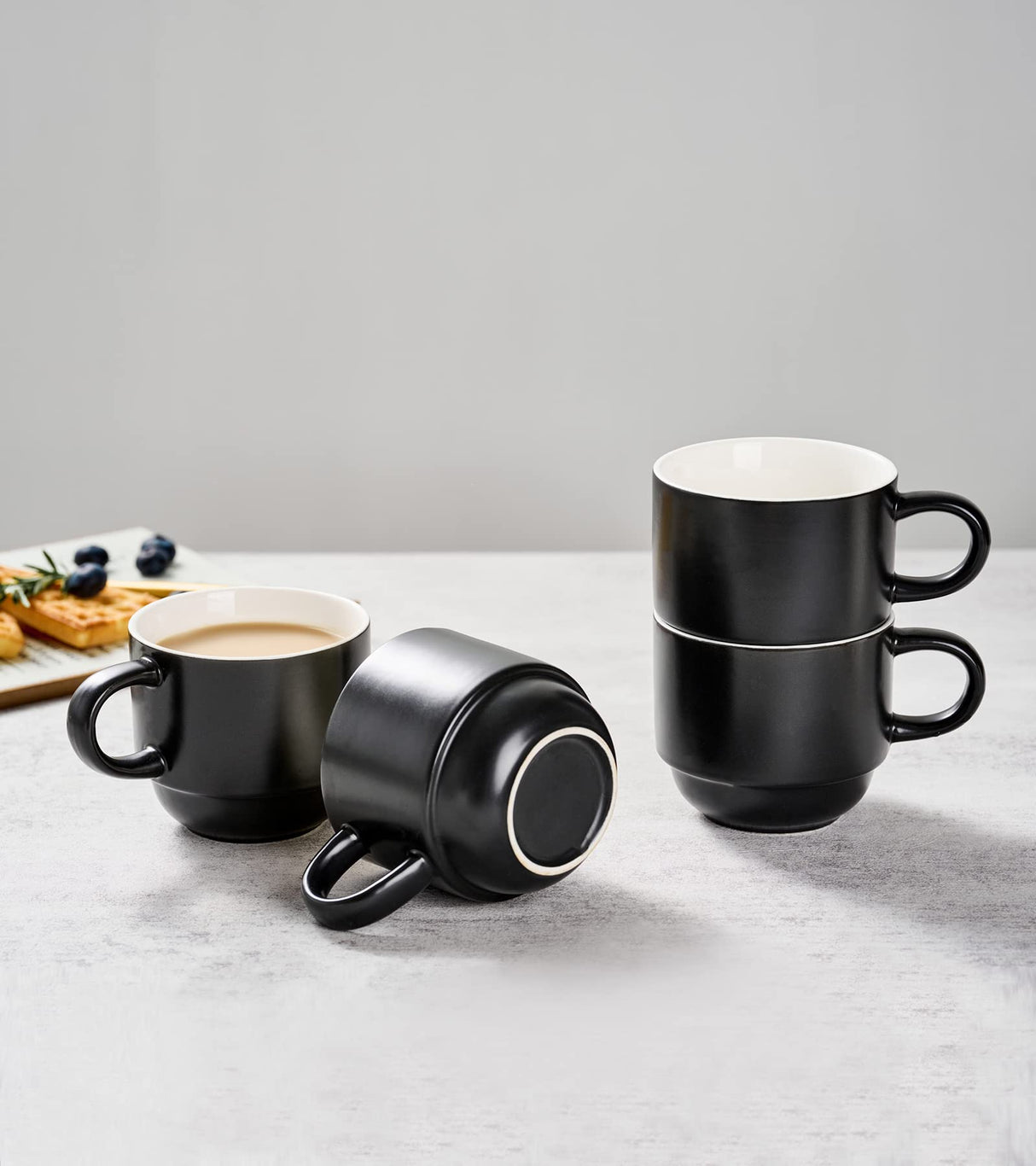 YHOSSEUN Porcelain Stackable Coffee Mug Set With Rack, Demitasse Cups with Espresso Spoons, 11 Oz For Coffee Drinks, Latte, Macchiato, Cafe Mocha Set of 4,Black YHOSSEUN