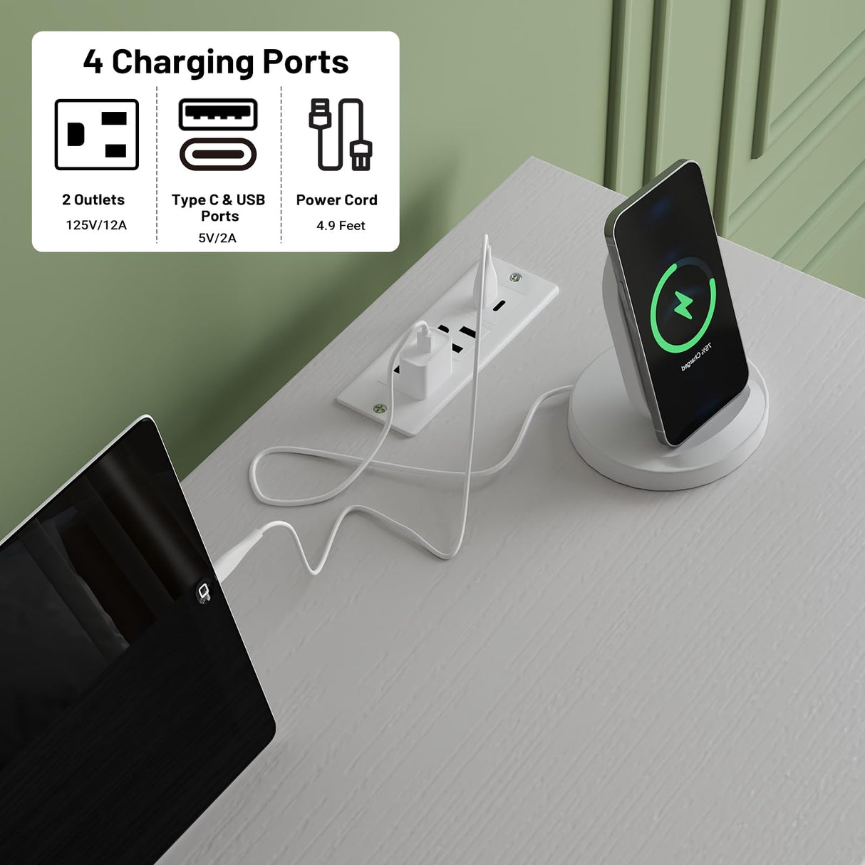 Seeday Fabric Dresser with Clothes Rack, 4 Drawers Dresser for Bedroom with Charging Station and LED Lights, Chest of Drawers with Wheels, Steel Frame, Wood Top, for Bedroom, Closet, White Seeday