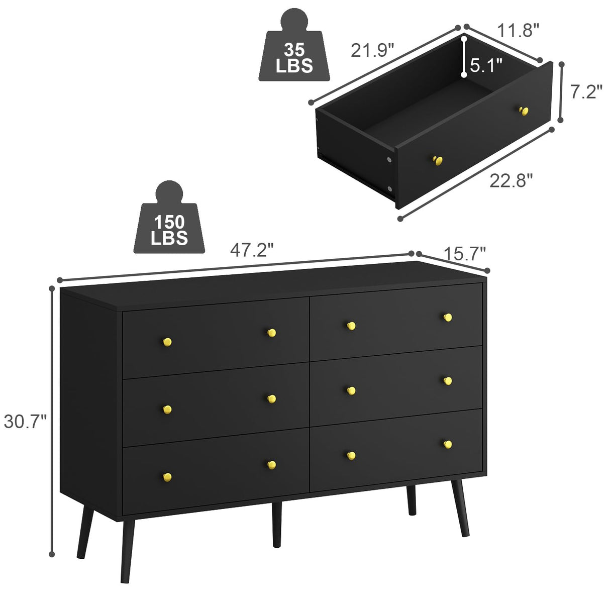BAZELOR Dresser for Bedroom with 6 Drawers, Double Wood Dresser with Gold Handles, Modern Mid Century Chest of Drawers for Living Room, Hallway, Black BAZELOR