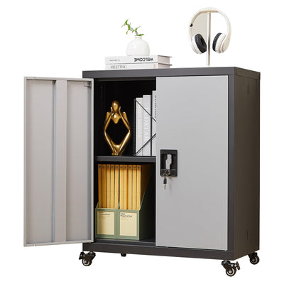 GREATMEET Metal Storage Cabinet with Locking Doors and Wheels,Garage Cabinet with Shelves for Home Office, Gym, School,Black+Grey