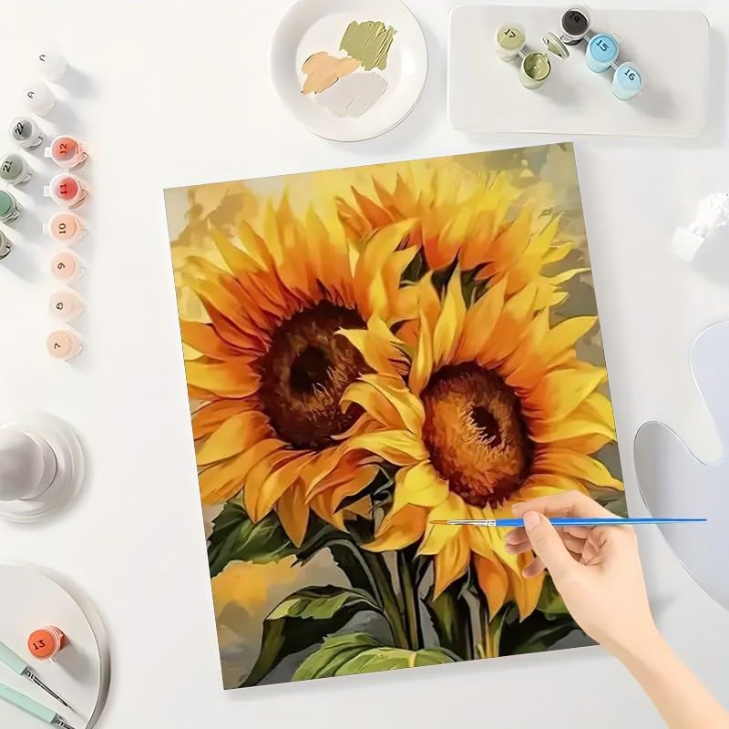 Sunflower Art Paint by Numbers Kit for Adults - DIY Bright Sunflower Pair Painting on Canvas 16x20 Inches, Acrylic Paint Set, Suitable for Beginners, Floral Art for Home Decoration or Gifts TAOPAOLAB