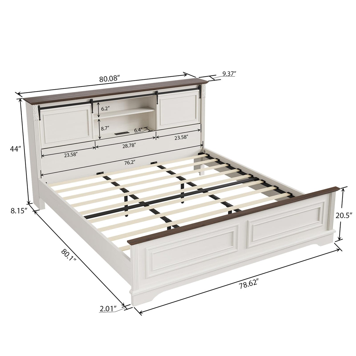 BOSHIRO Farmhouse King Size Bed Frame with Storage Bookcase Headboard, Bed Frame Wood Platform w/Charging Station, Bracket Footboard, 2 Large Sliding Barn Doors, No Box Spring Needed-Antique White BOSHIRO