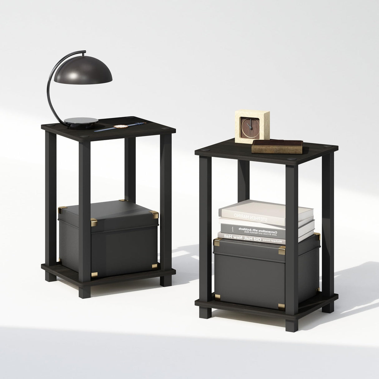Furinno Simplistic Compact Bedside Table, Nightstand, Espresso/Black, Set of 2 Furinno