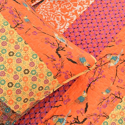 Lush Decor Royal Empire Reversible Cotton Quilt Set, 3 Piece Set Full/ Queen, Tangerine - Striped Bedding Set - Floral Quilt Queen Size - Orange Bedding - Boho Decor Lush Decor