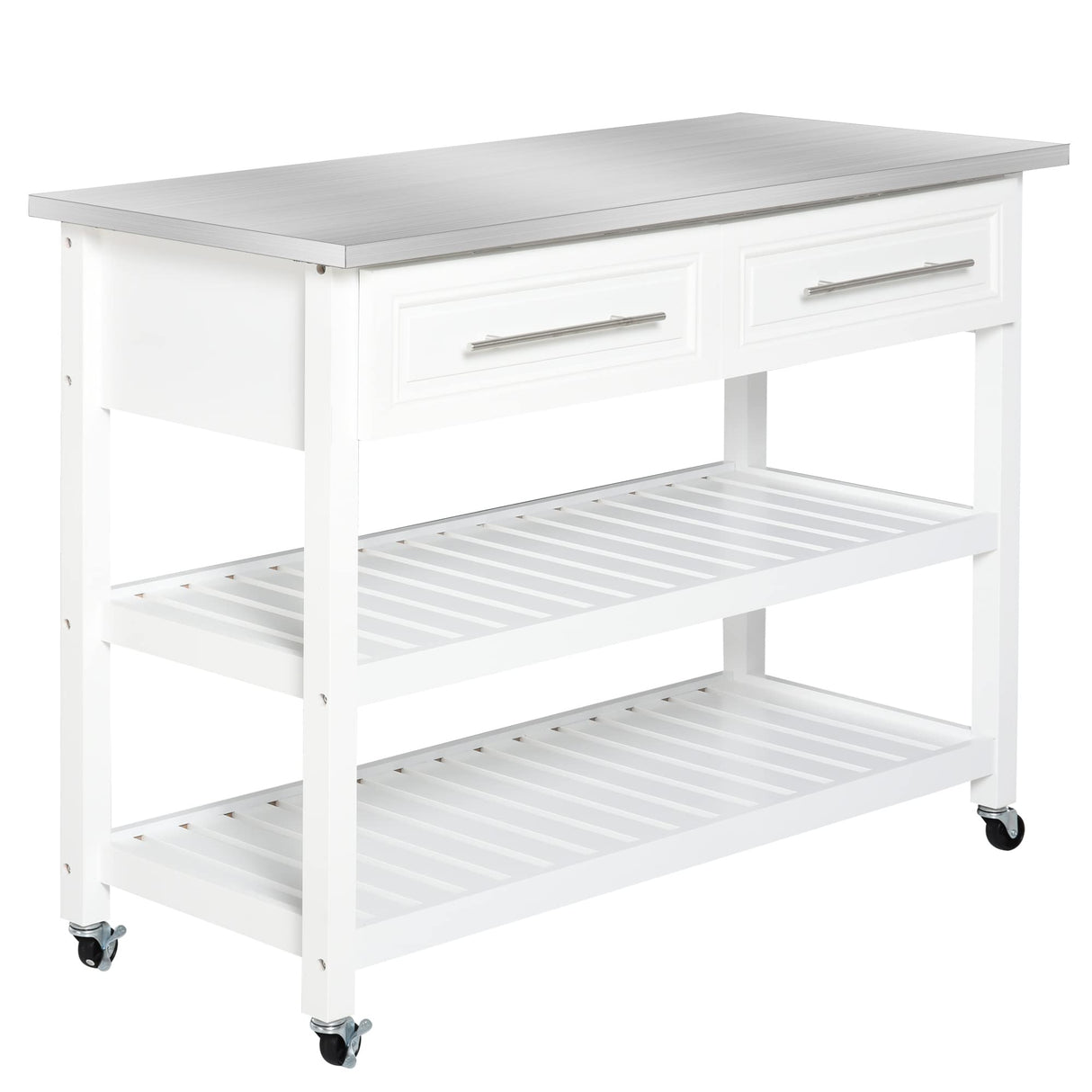 HOMCOM Kitchen Island with Stainless Steel Top, Traditional Kitchen Island with Storage, 2-Tier Open Shelves, Drawers, White HOMCOM