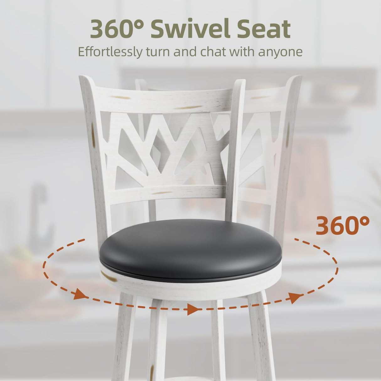 Buytime Swivel Barstools Set of 4, Farmhouse 24" Counter Height Bar Stools with Backs, Lotus Pattern Carved Bar Chair with Solid Wood Legs & Footrest for Kitchen Island, Home Bar, Pub. Antique White Buytime