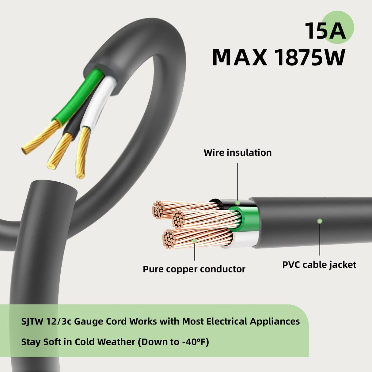 EP 100 Ft Outdoor Extension Cord, 12/3 SJTW Heavy Duty Extension Cable with 3 Prong Grounded Plug, 15 AMP Power Cord for Lawn, Garden, Appliances, Gray EP