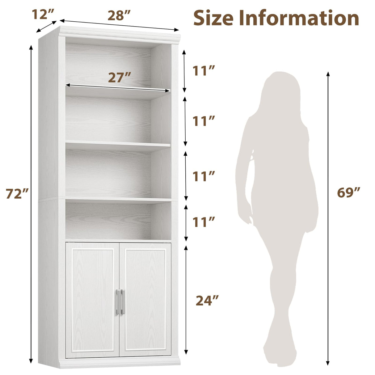 Rresyet 28" W Bookcase with Doors, Modern Tall Bookshelf 6-Tier White Bookshelves with Storage Cabinet for Office, Living Room, Library Rresyet