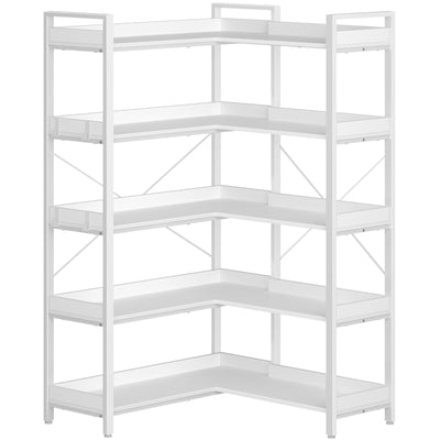 Rolanstar Bookshelf 5 Tier with 4 Hooks, Reversible Corner Bookshelf, 65" Industrial Wooden Bookcase with Open Shelves and Metal Frame for Living Room, Bedroom, Home Office, White