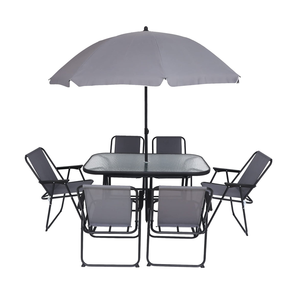 JOYTIO Folding Patio Dining Set, Garden Patio Furniture Set, 8-Piece Outdoor Dining Set with Tilted Removable Umbrella, 6 Folding Chairs, and 1 Rectangular Tempered Glass Table – Grey JOYTIO