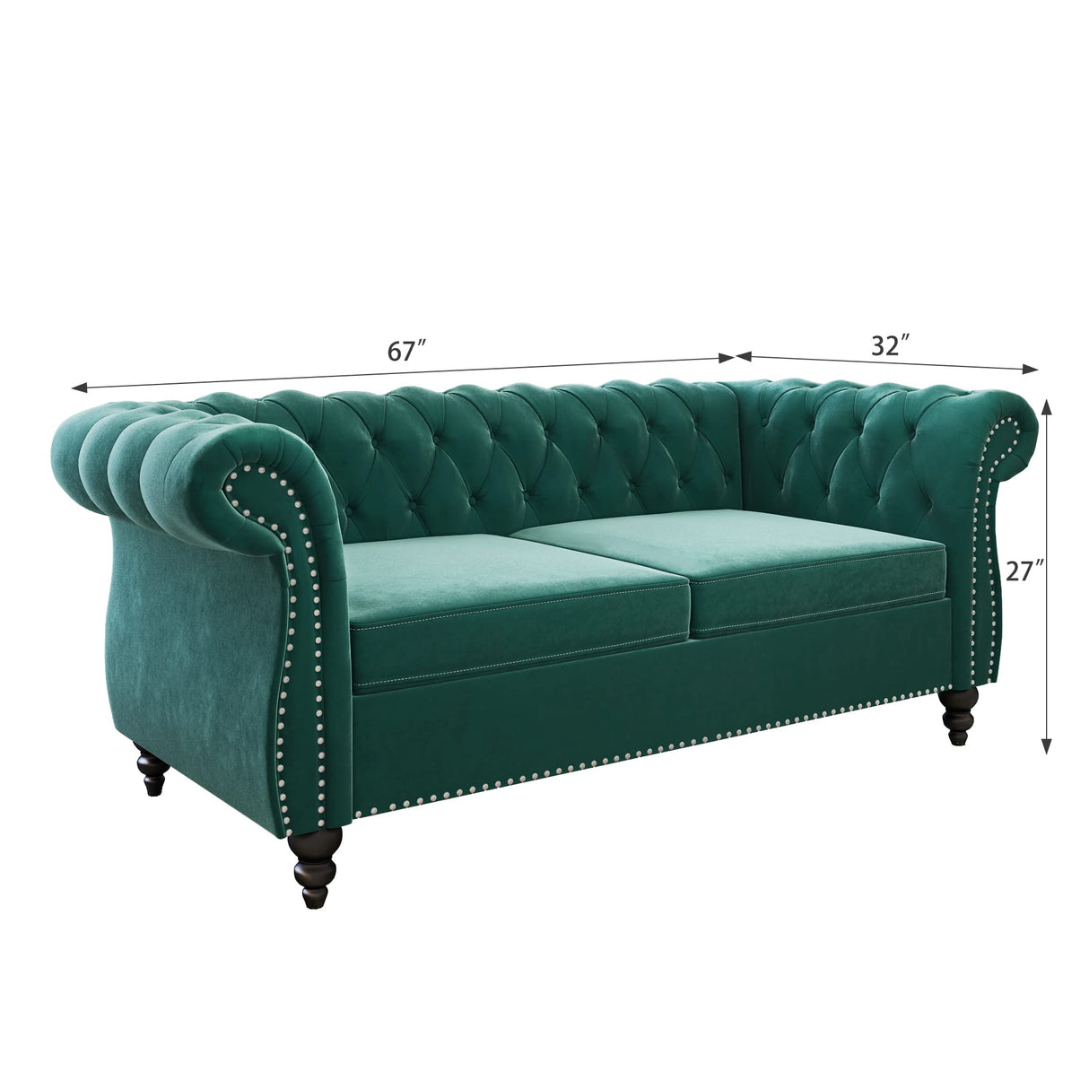 2 Piece Living Room Set, Velvet Chesterfield Sofa Loveseat Couch Chair with Scroll Arms and Nailhead for Living Room, Office (Green) ORRD