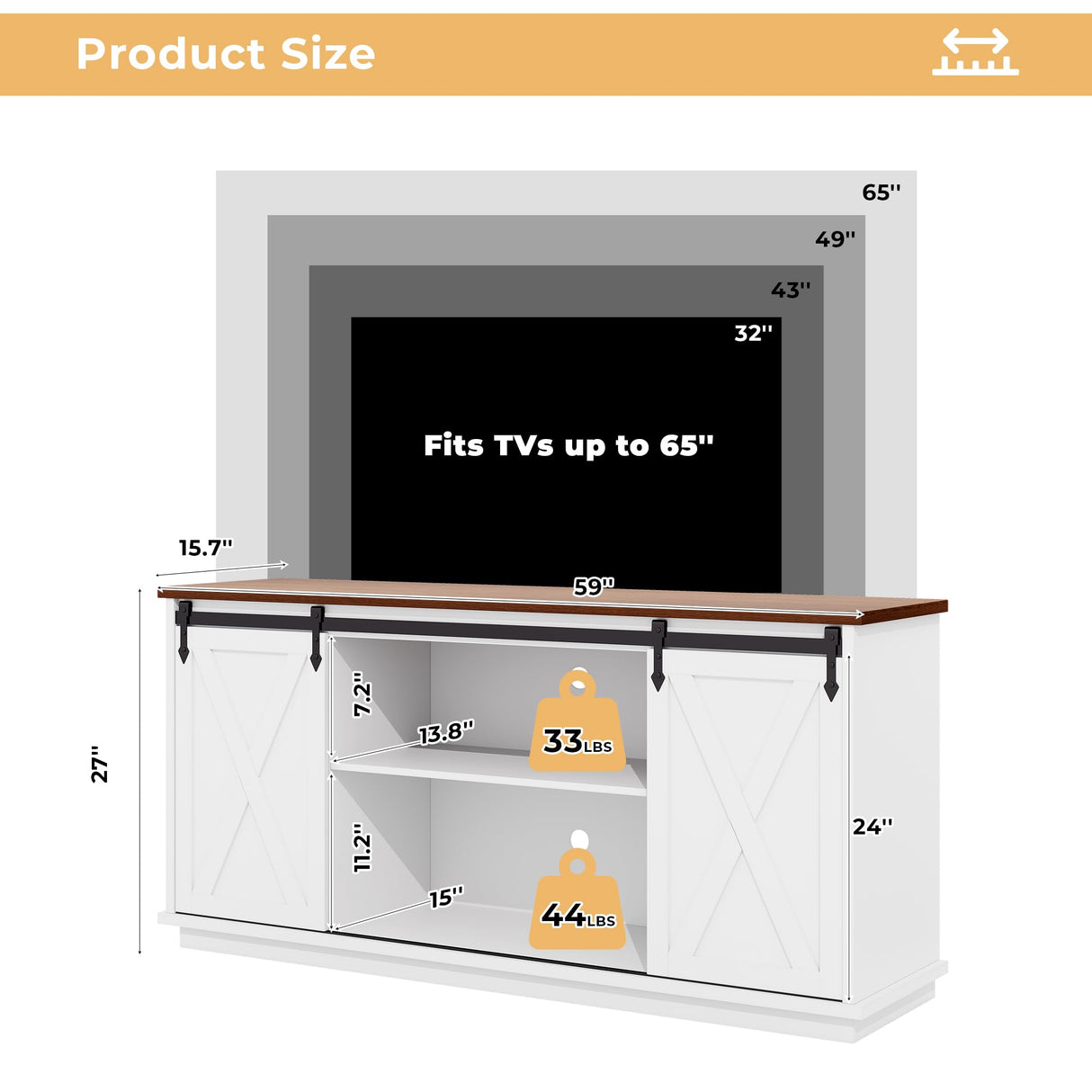 GRUSIGN TV Stand for Televisions up to 65’’, Entertainment Center with Storage Cabinets and Sliding Barn Doors, Media TV Consoles for Living Room, Bedroom, White GRUSIGN