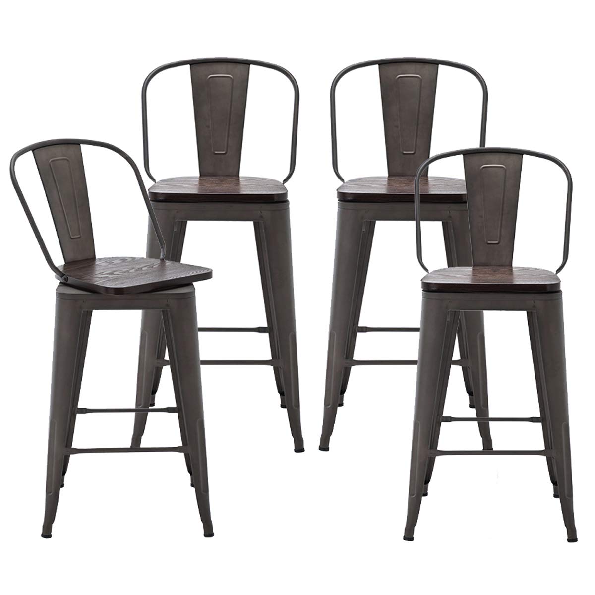 Alunaune 24" Swivel Metal Counter Height Bar Stools Set of 4 High Back Industrial Bar Chairs Kitchen Barstools with Large Wooden Seat-Rusty Alunaune