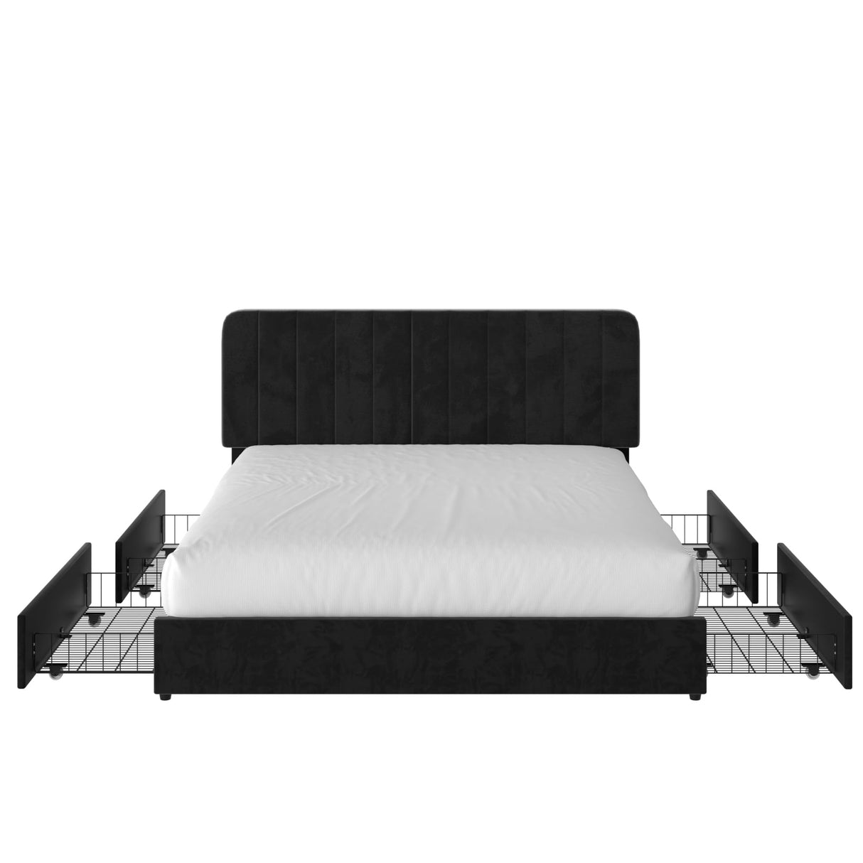 VECELO Queen Size Upholstered Bed Frame with 4 Drawers and Headboard, Velvet Platform Storage Bedframe, Wooden Slats Support, No Box Spring Needed,Black VECELO