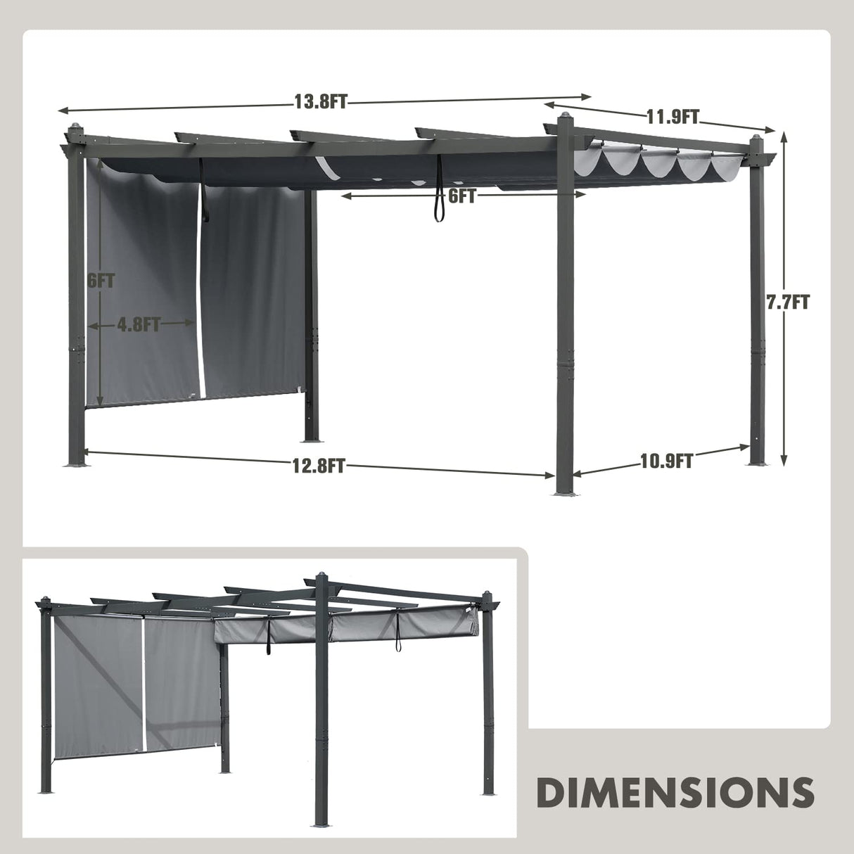 BPS 12' x 14' Outdoor Pergola with Retractable Shade Canopy, Dark Gray Matte Aluminum Frame, 2 Pieces Roller Shade Curtain, Grape Trellis Pergola for Patio Backyard and Deck - Gray BPS