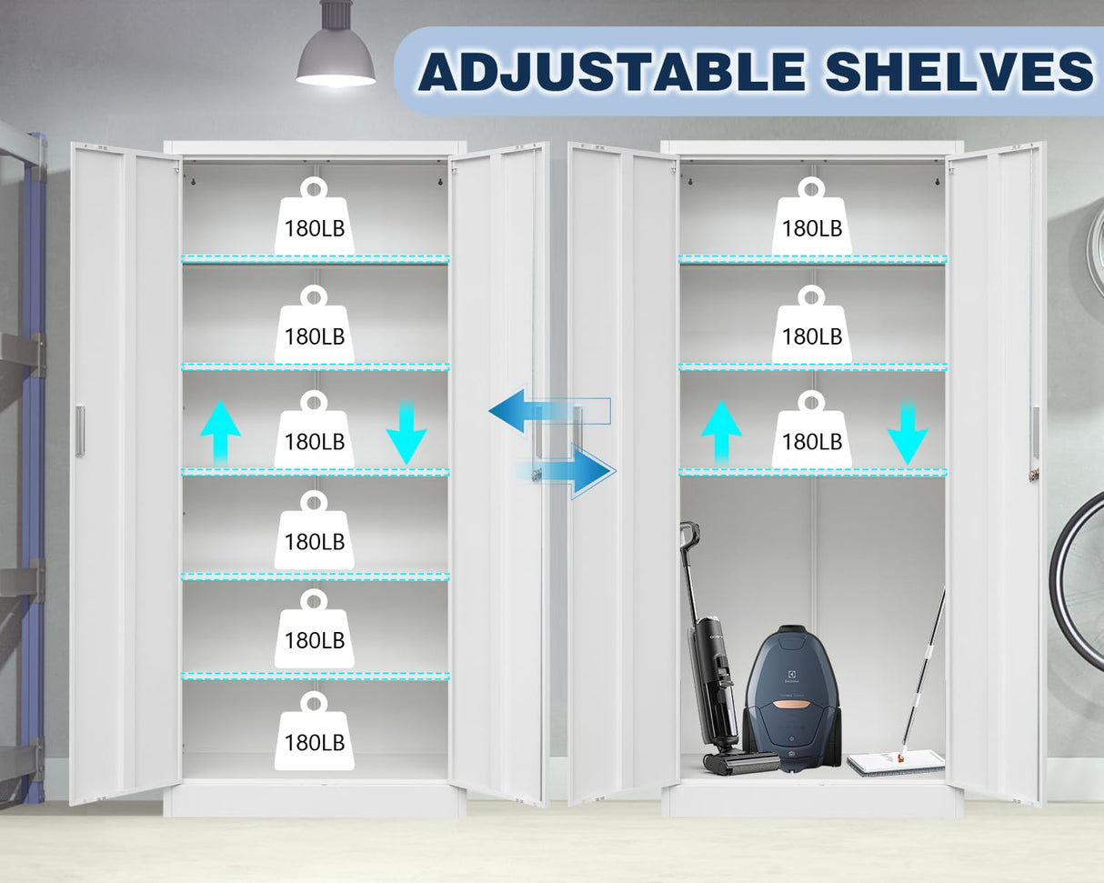 BESFUR Metal Cabinet, Locking Storage Cabinet with 5 Shelves and 2 Doors, Black Garage Cabinet for Office, Classroom, Garage - White BESFUR