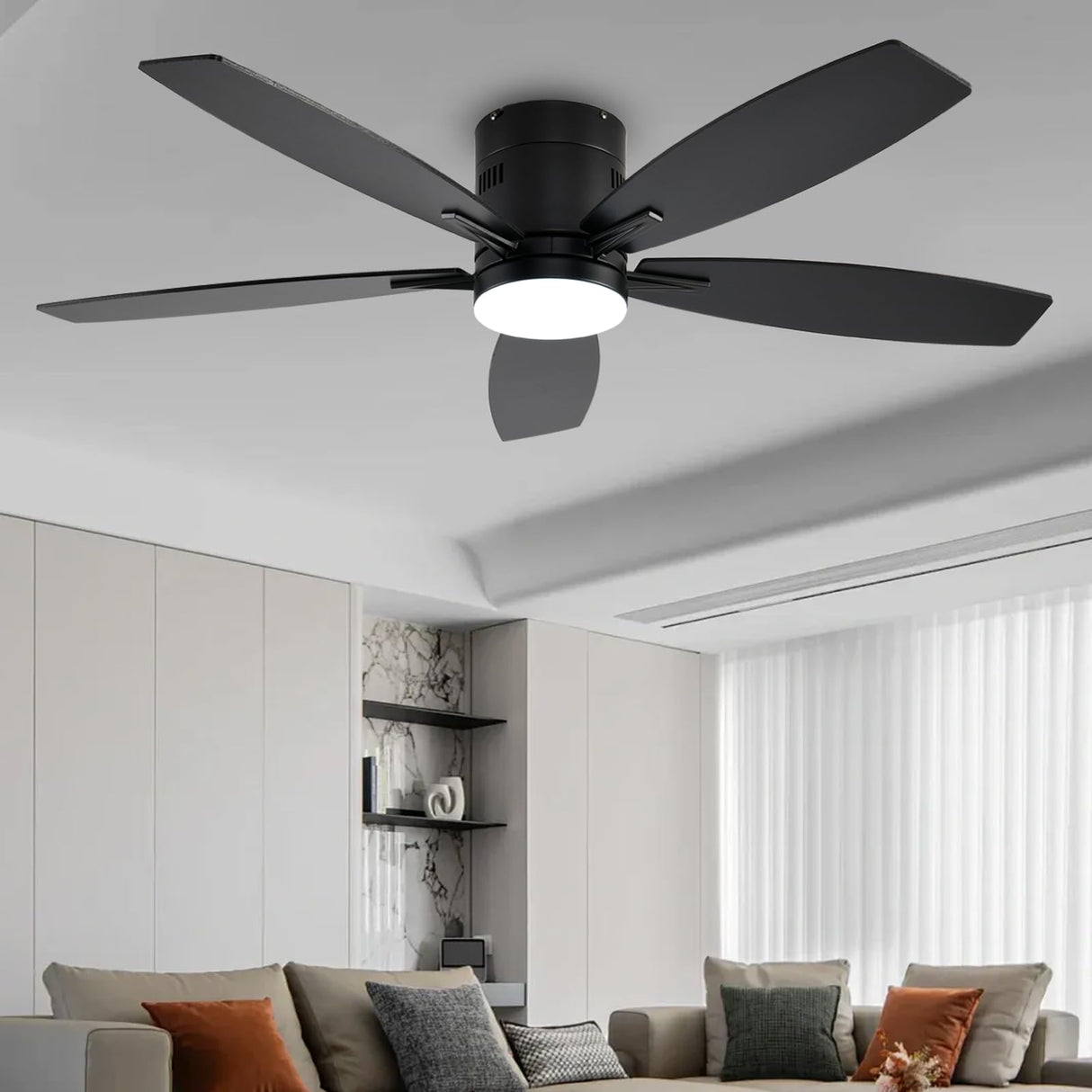 Ayaoty Ceiling Fans with Lights, 52" Low Profile Indoor Ceiling Fan with Light and Remote Control, Dimmable, Noiseless, Reversible, Black Ceiling Fan for Bedroom, Indoor/Outdoor Use Ayaoty
