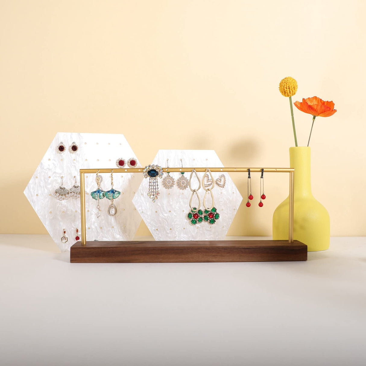 GemeShou wooden earring holder organizer for girls, walnut stud earring display stand for boutique store, jewelry storage organizer shelf【Walnut stand-One Tier】 GemeShou