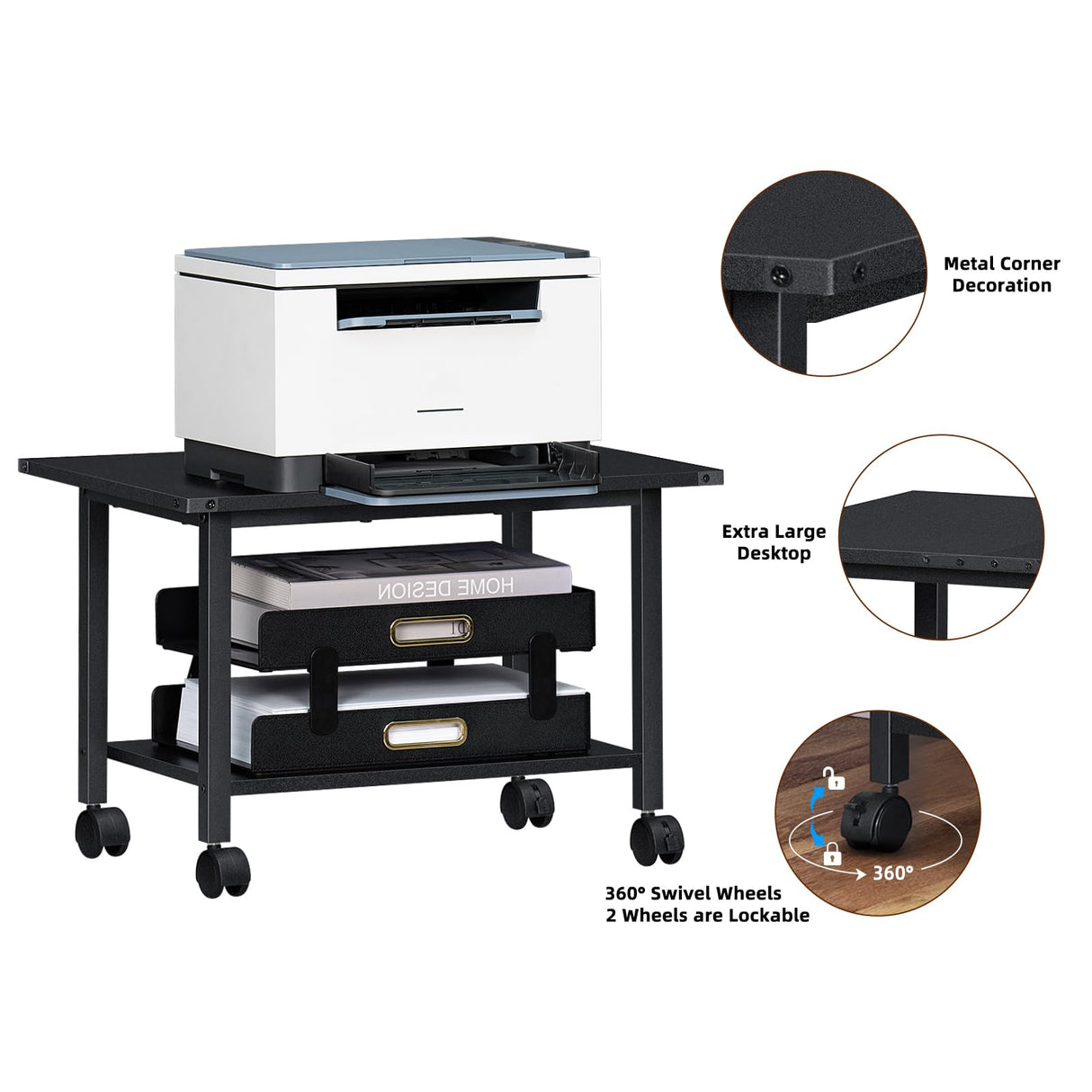 Lerliuo Under Desk Printer Stand, 2-Tier Industrial Mobile Printer Table with Storage Shelf and Steel Frame, Rolling Printer Cart Holder with Lockable Wheels for Home, Office (Black) Lerliuo