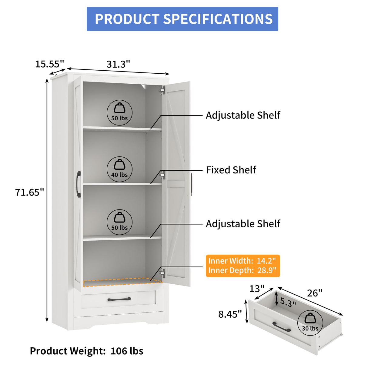 CARPETNAL 72" Tall Farmhouse Kitchen Pantry with Adjustable Shelves, Large Wood Storage Cabinet with Drawer & 2 Barn Doors, Freestanding Storage for Dining Room, Bathroom, Living Room, White, Set of 2 CARPETNAL