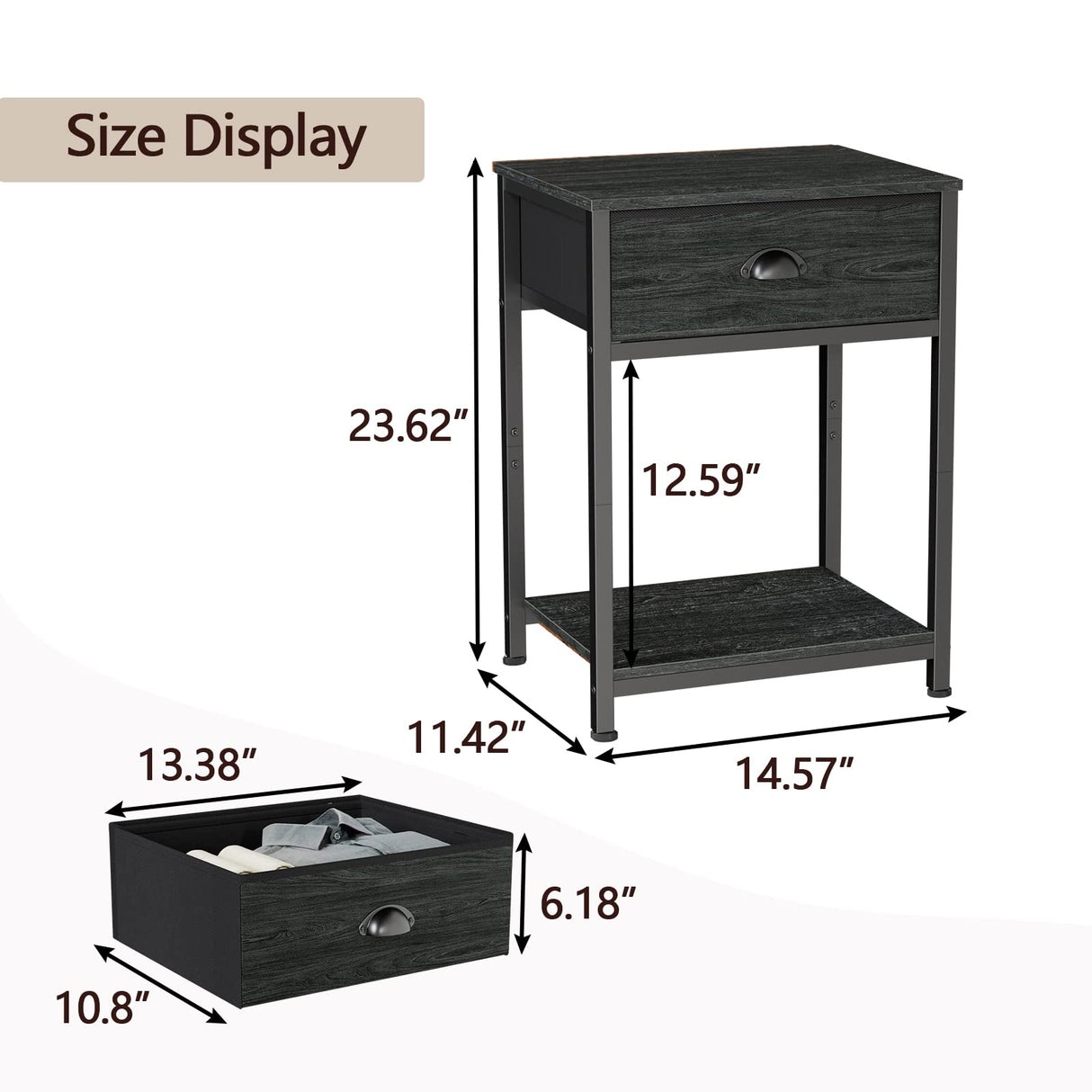 Furologee Nightstand with Fabric Drawer & Storage Shelf, Small Bedside Table Organizer for Small Space, 2 Tiers Industrial End Table, Side Table for Living Room, Bedroom, Black Oak Furologee