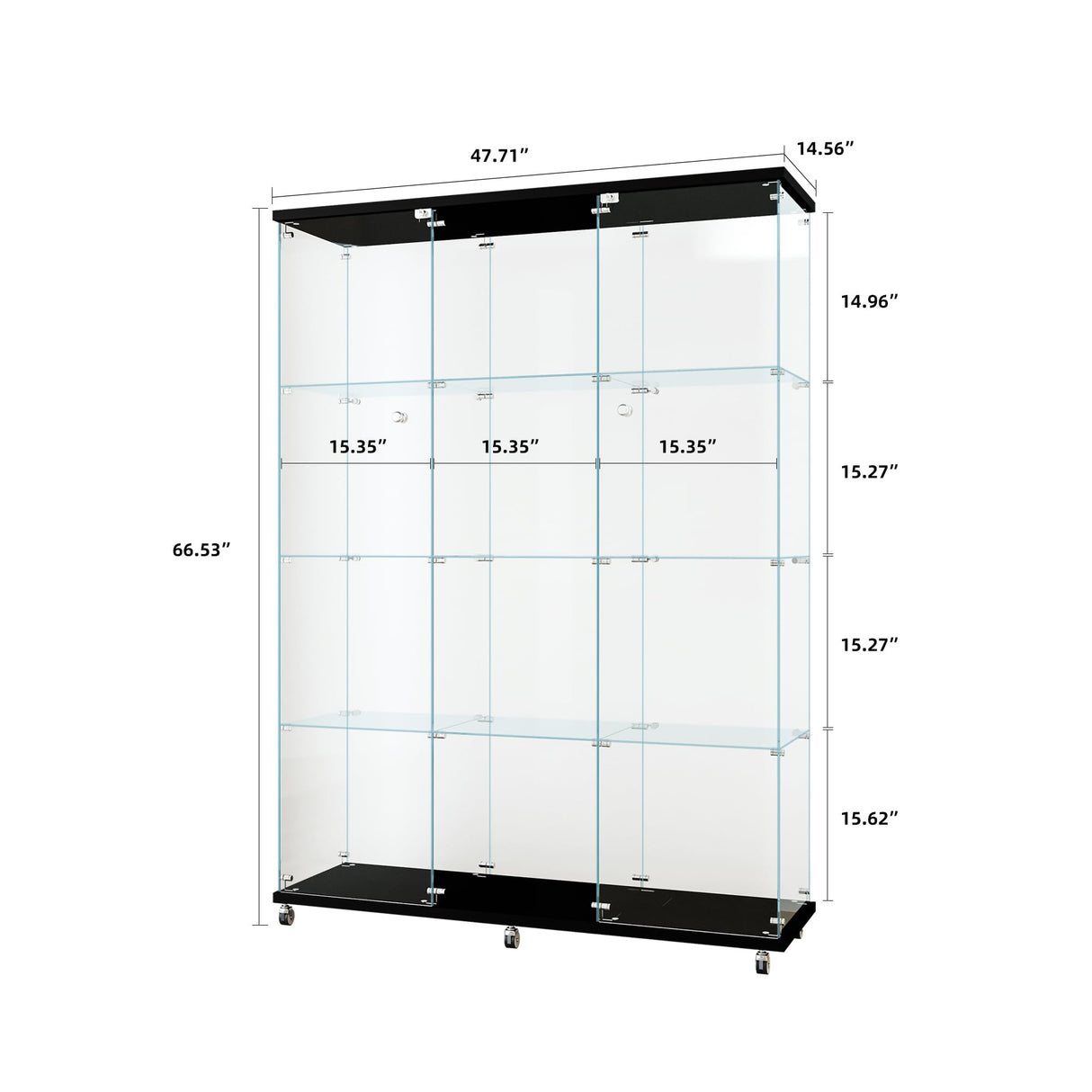 Henf Glass Display Cabinet with 4 Shelves&Wheels,Extra Large Double Doors Curio Cabinets with Lock Floor Standing Display Case Display Case for Living Room,47.71" W x 14.37" D x 66.53" H,Black Henf