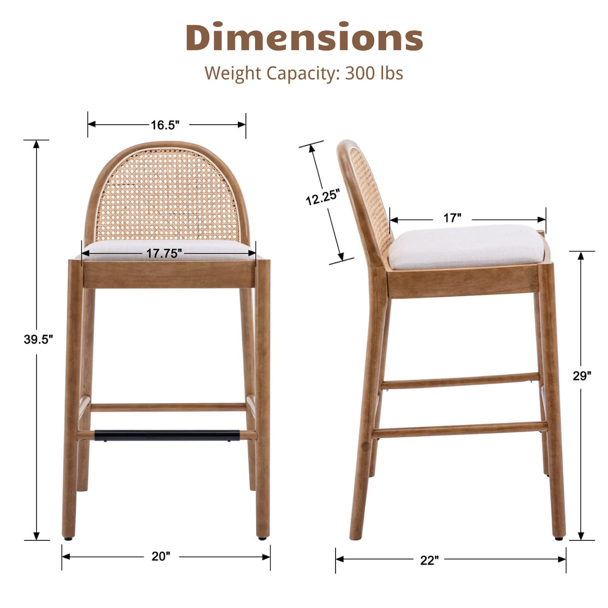 HEAH-YO Modern Bar Stools Set of 2, 30 Inches Counter Height Bar Stools with Rattan Backrests and Wood Legs, Comfy Linen Fabric Kitchen Stools for Island, Beige HEAH-YO