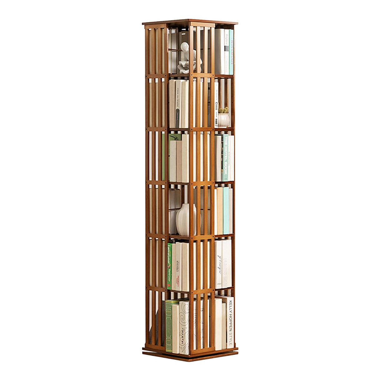 Teal Bamboo 360° Rotating Bookshelf with Open Shelving for Stylish Storage WoodArtSupply
