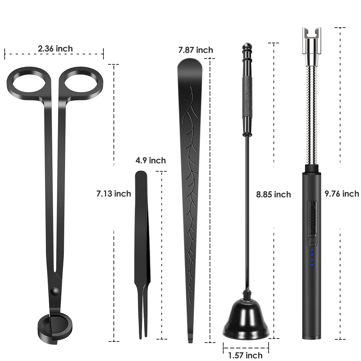 5 in 1 Candle Accessory Set,Candle Wick Trimmer Cutter,Candle Wick Dipper,Candle Wick Snuffer,Rechargeable Candle Lighter,Tweezers,Stainless Steel Candle Care Kit Home Gift for Aromatherapy(Black) HEYLOURB