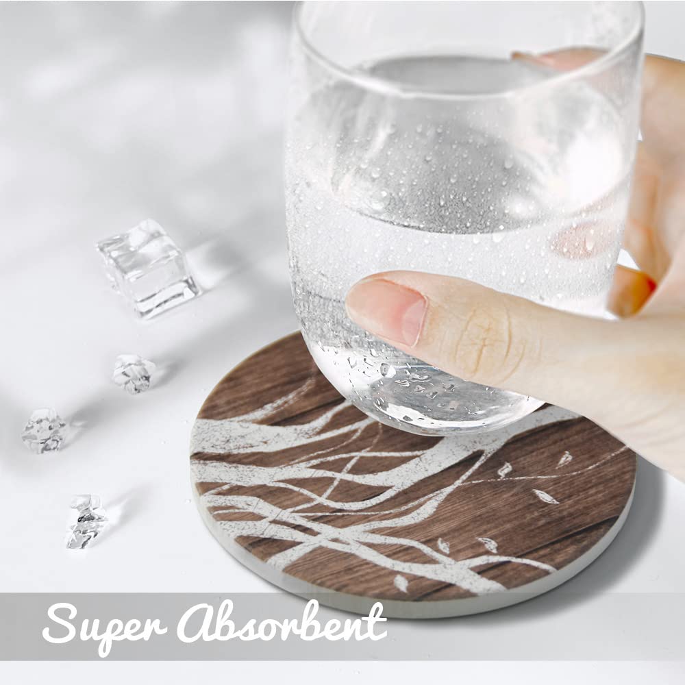 UMIRRO Ceramic Coasters for Wooden Table, Absorbent Drink Coasters with Holder for Tabletop Protection, Rustic Country Farmhouse Coasters w/Brown Wood Texture for Cups & Glasses, Coffee Bar Accessory Umirro