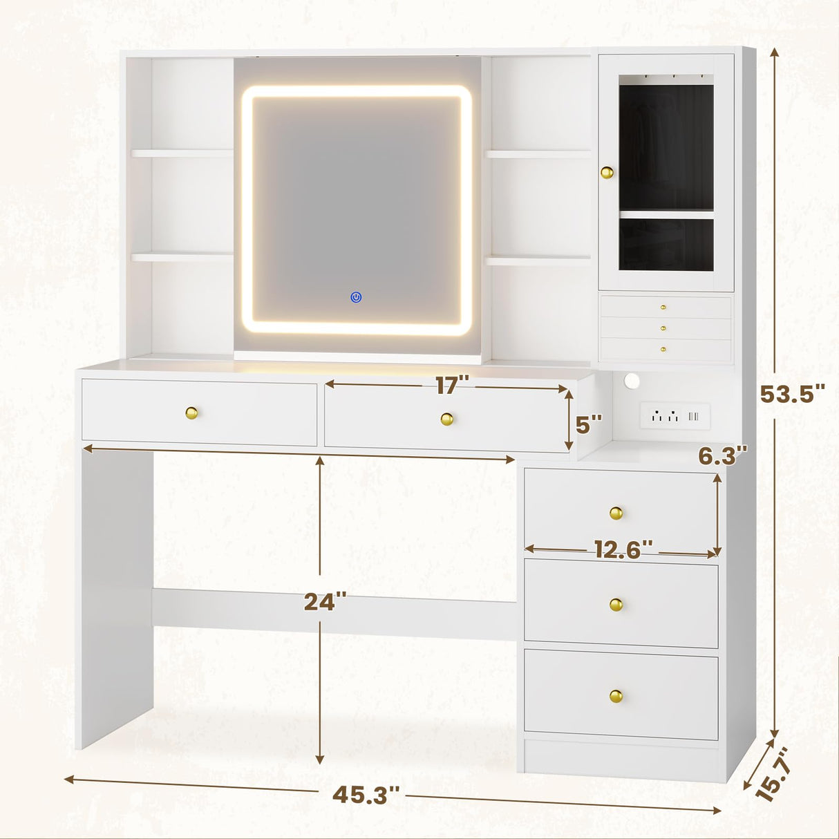 HAUOMS Makeup Vanity with Lights & Sliding Mirror, Vanity Desk with Jewelry Organizer, Glass Cabinet & 5 Drawers, Dressing Table, Modern White HAUOMS