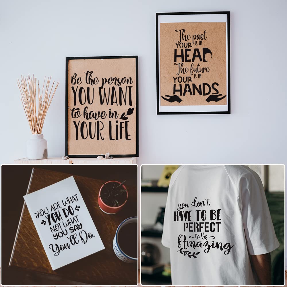 16 Pcs Inspirational Word Stencils, Quote & Phrase Sayings Templates, Craft Stencils for Painting on Wood, Wall, Canvas, Fabrics, Paper & Home Signs - Reusable 7.87 x 7.87 Inches HZMM