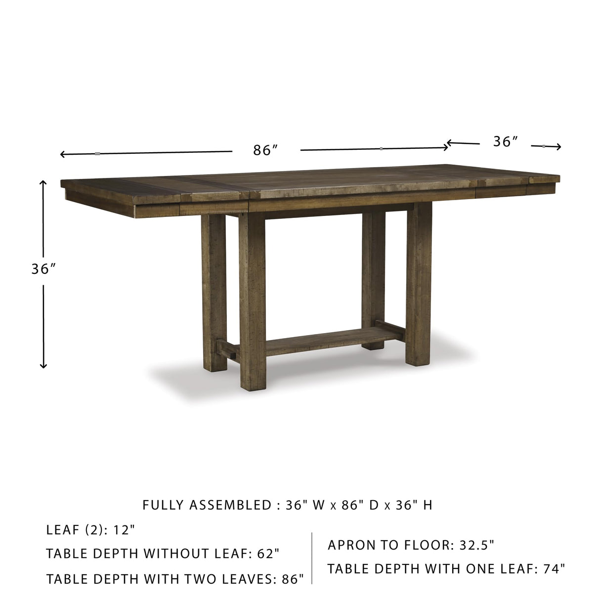 Signature Design by Ashley Moriville Rustic Farmhouse Counter Height Dining Extension Table, Separate Extension Leaves, Seats 8, Wood, 36" W x 86" D x 36" H, Brown Signature Design by Ashley