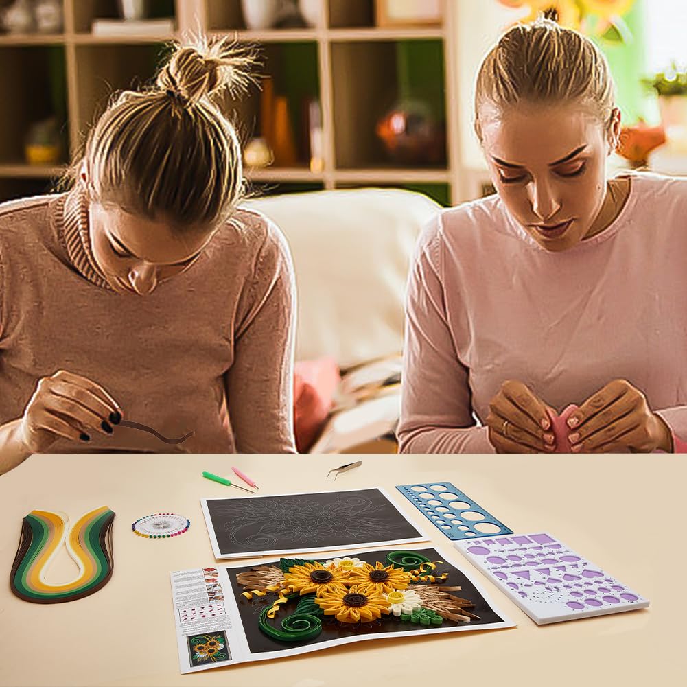 WEBEEDY Paper Quilling Kit DIY Sunflower Paper Filigree Kit with Quilling Strips Tool and Supplies Paper Quilling Set for Beginners Handmade Crafts Modern Room Wall Art Decor Gift,21×27.9cm/8.3×11" WEBEEDY