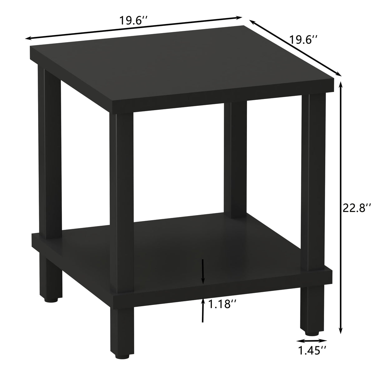 MMEOLUOOK Large End Table Square Side Table Modern Sofa Table 20 Inch Industrial Coffee Table NightStand with 2-Tier Storage Shelf for Living Room Bedroom Black MLBZ06B