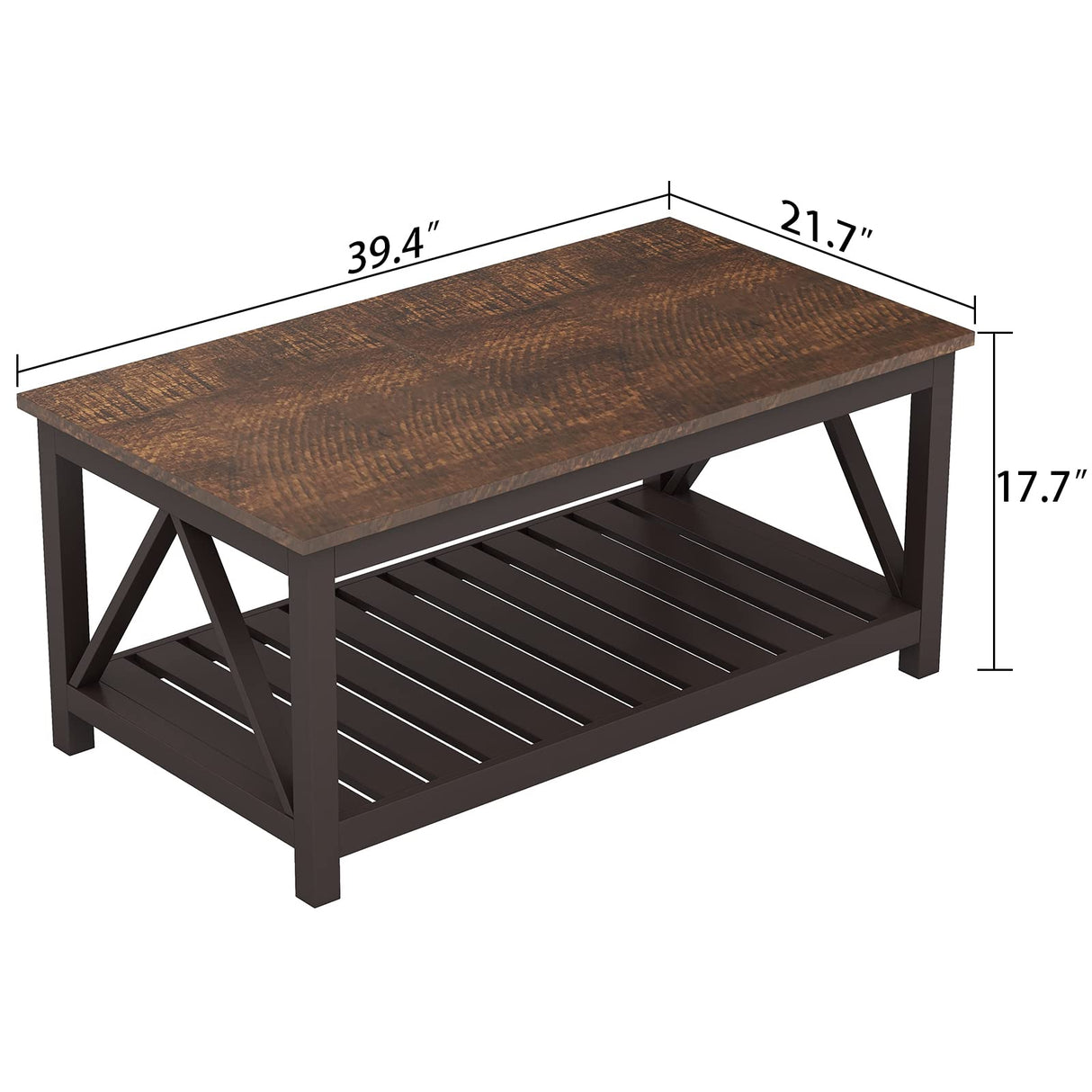 ChooChoo Farmhouse Coffee Table, Rustic Vintage Living Room Table with Shelf, 40 Espresso ChooChoo