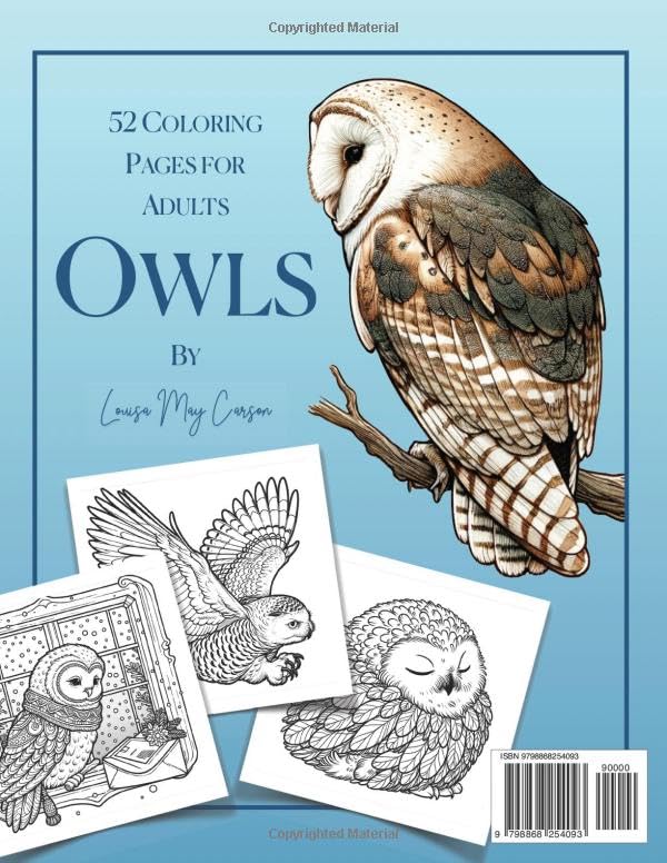 Owl Coloring Book for Adults, Snowy Owl, Great Horned Owl & Barn Owls: 52 Beautiful Birds & Animal Coloring Pages Majosta
