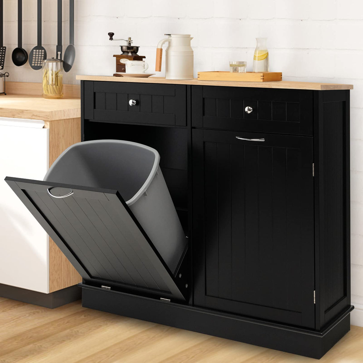 SILKYDRY Tilt-Out Trash Cabinet & Kitchen Island with Adjustable Shelf and Drawers - Black SILKYDRY