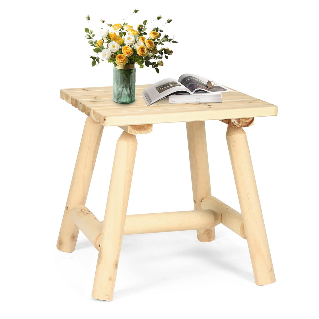 EPICOZY Outdoor Adirondack Log Side Table, 19.5" Thick Wooden Patio Square End Table with Slatted Tabletop, Solid Wood Rustic Accent Table for Indoor & Garden Deck Porch Balcony Backyard, Natural EPICOZY