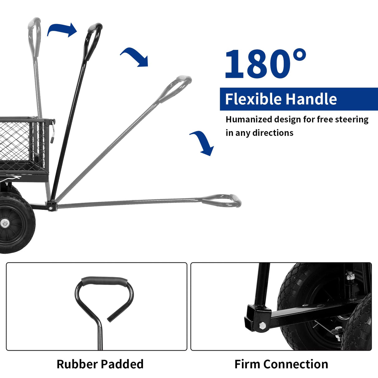 BILT HARD 400 lbs 10" Flat Free Tires Steel Garden Cart with 180° Rotating Handle and Removable Sides, 4 Cu.Ft Capacity Utility Heavy Duty Garden Carts and Wagons BILT HARD