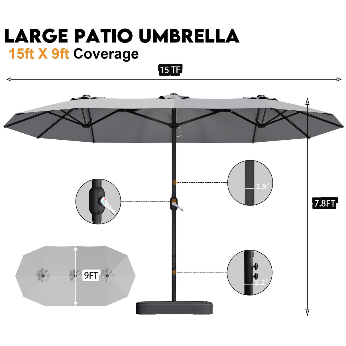 DomeShade 15ft Patio Umbrella with Base,Large Outdoor Double-Sided Rectangle Umbrella with Crank Handle, Market Umbrella for Poolside Garden Deck Backyard Beach Pools, Gray DomeShade