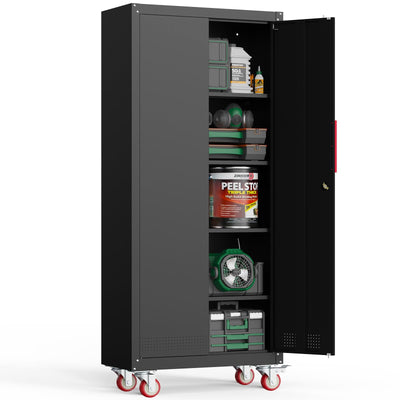 Kelueo 71" H Metal Garage Storage Cabinet with Wheels, 4 Adjustable Shelves & Locking Doors – Steel Tool Cabinet for Home,Basement,Utility Room – Garage Cabinets and Storage System, Black