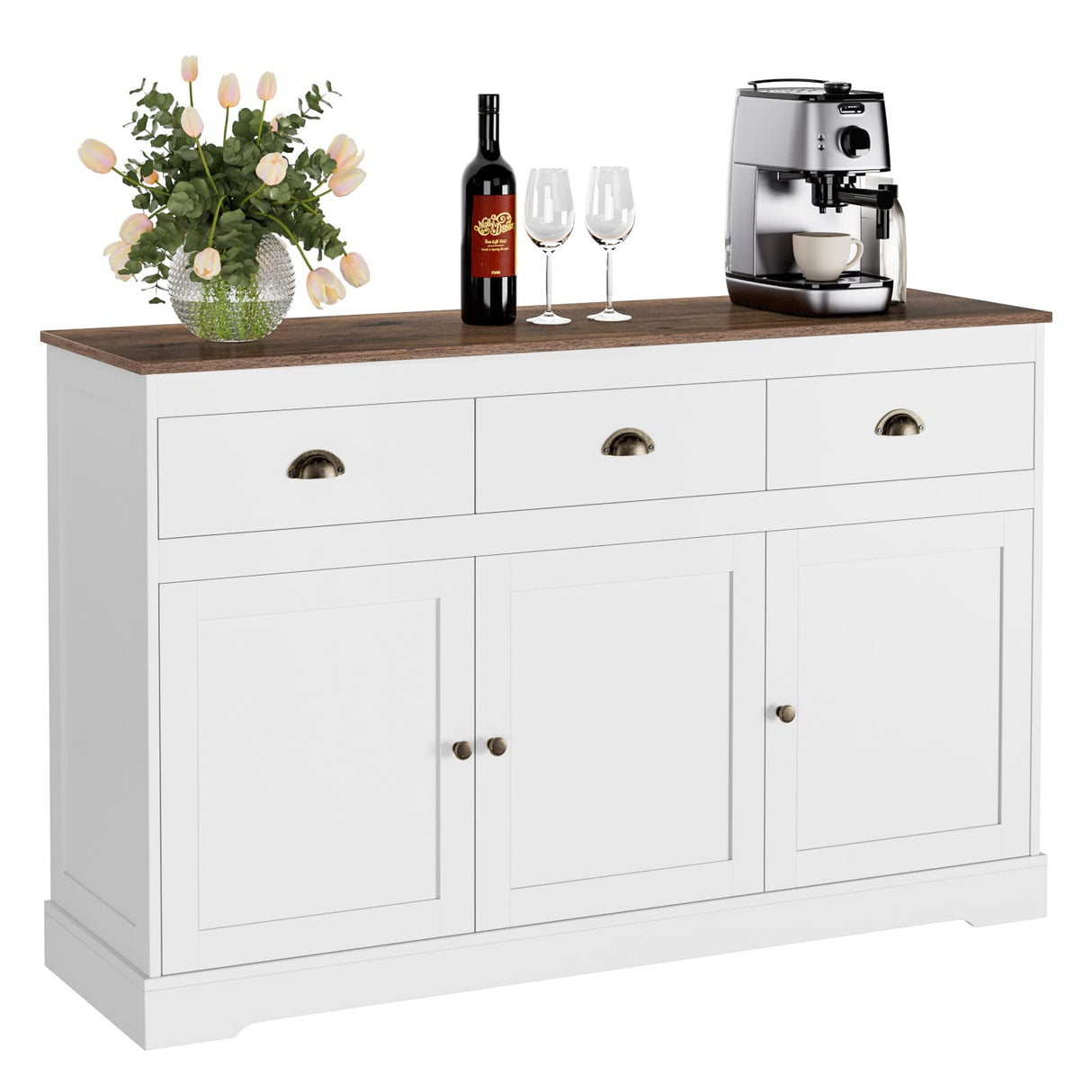 Keyluv White Buffet Cabinet Storage Sideboard Farmhouse Server Bar Wine Cabinet with 3 Drawers & 3 Doors Adjustable Shelves Console Table for Dining Living Room Kitchen Cupboard Keyluv
