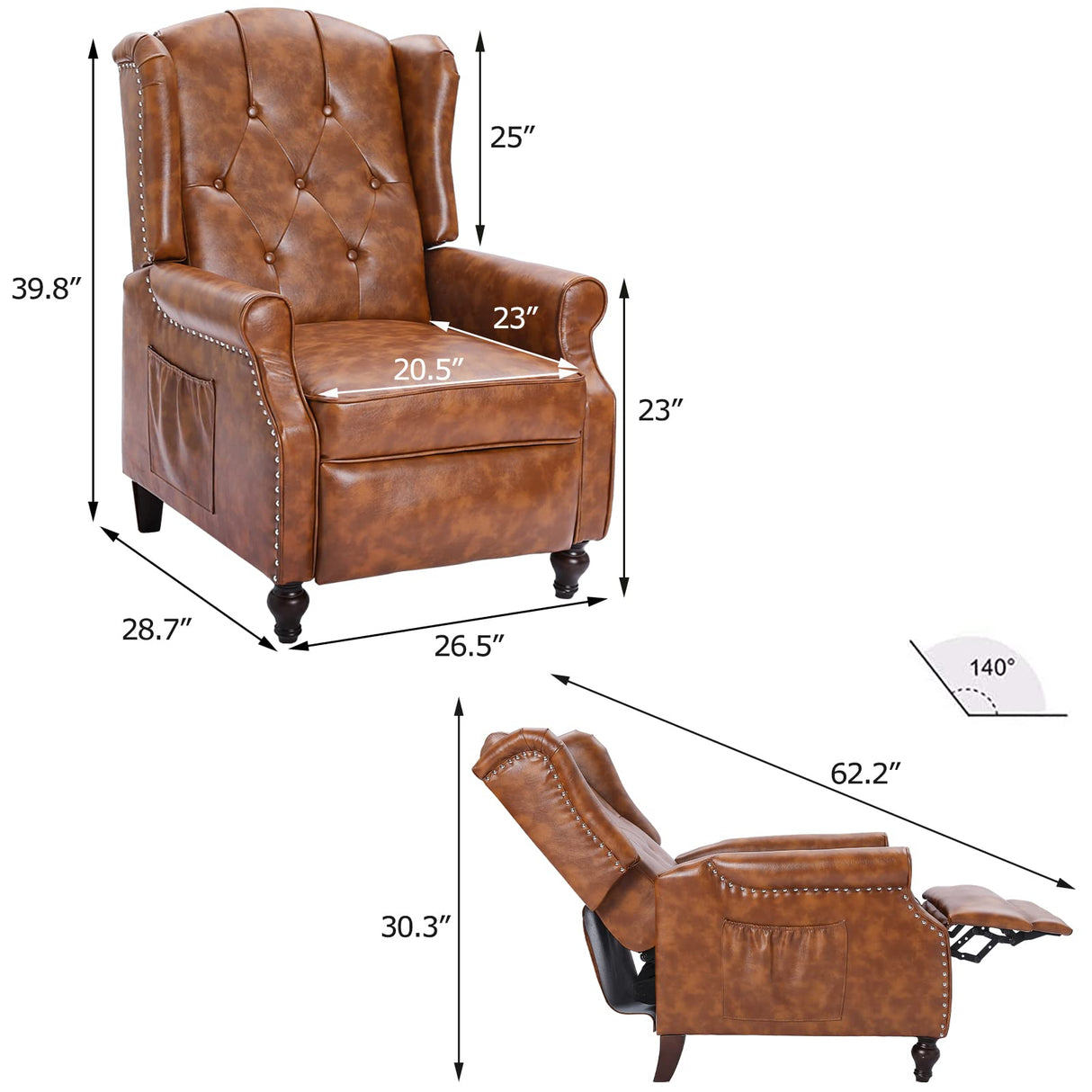 VUYUYU Wingback Recliner Chair, Push Back Arm Chair with Heat and Massage, PU Leather Single Sofa for Home, Living Room, Office, Bedroom(Cognac Brown,Set of 2) VUYUYU