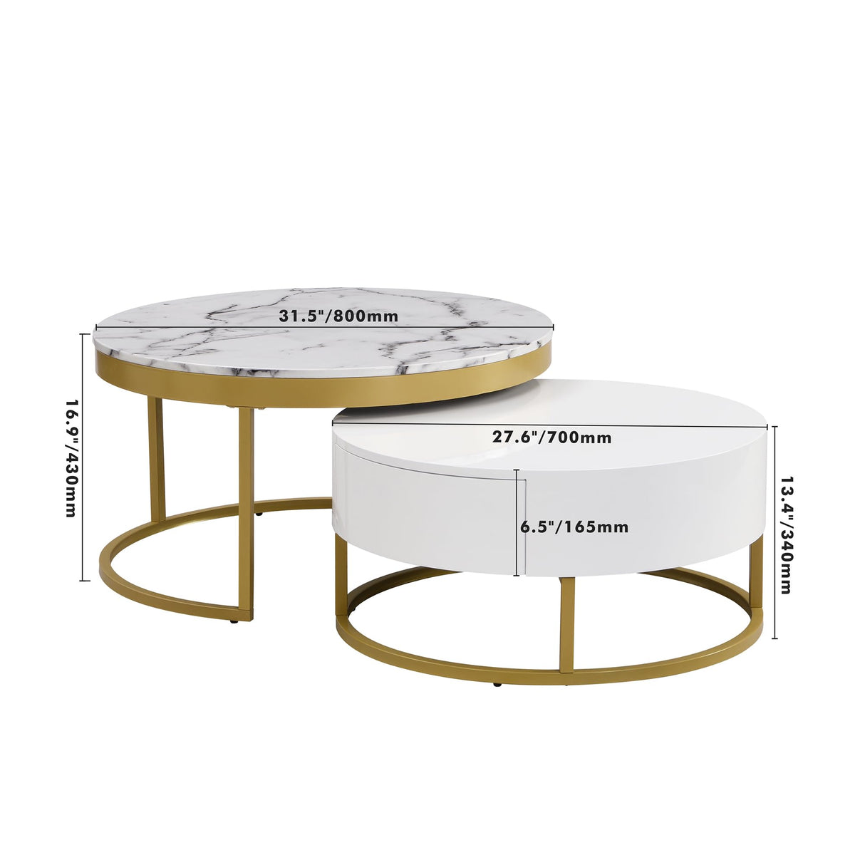 Modern Round Nesting Coffee Table with Drawers for Living Room in White Flieks